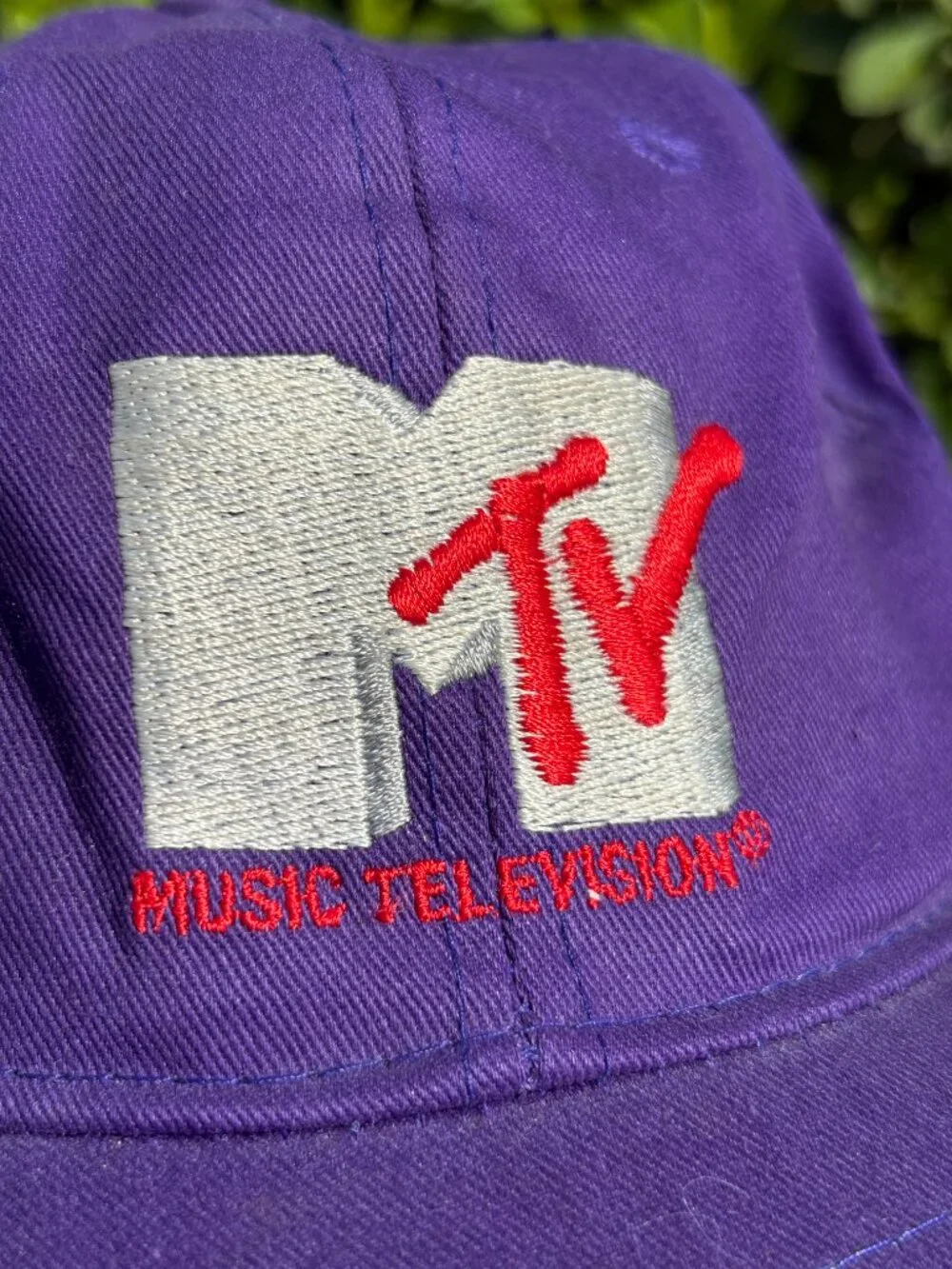 Vintage 1990 MTV Music Television Hat Purple Leather Strapback Cap Taiwan 90s
